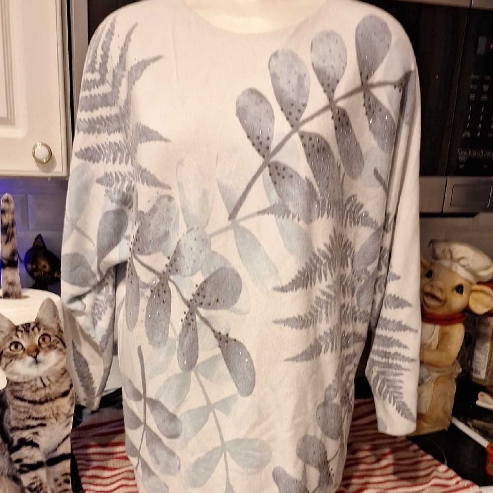 r Liv Milano Elegant Gray/blue  Sweater Floral Plus Size 1X